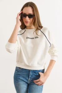 Olalook Women's White Raglan Sleeve Piping Detailed Raised Sweatshirt - Image 6