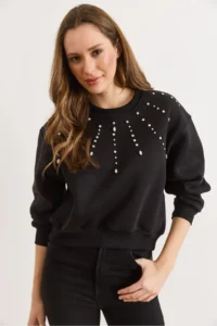 Olalook Women's Black Stone Detailed Rose Gold Sweatshirt - Image 5