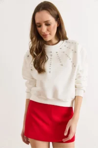 Olalook Women's White Stone Detailed Rose Gold Sweatshirt