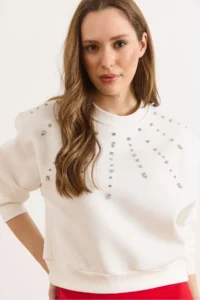 Olalook Women's White Stone Detailed Rose Gold Sweatshirt - Image 4