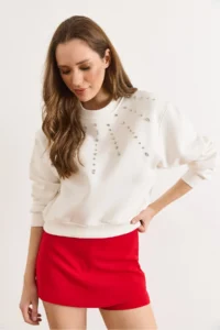 Olalook Women's White Stone Detailed Rose Gold Sweatshirt - Image 5