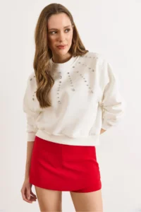 Olalook Women's White Stone Detailed Rose Gold Sweatshirt - Image 6