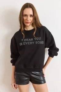 Olalook Women's Black Sequin Detailed Tiered Thick Sweatshirt - Image 2