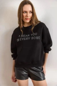 Olalook Women's Black Sequin Detailed Tiered Thick Sweatshirt - Image 5