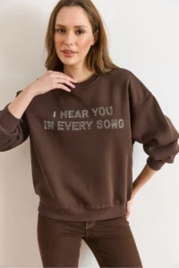 Olalook Women's Brown Sequin Detailed Tiered Thick Sweatshirt