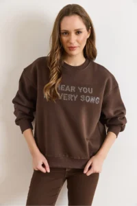 Olalook Women's Brown Sequin Detailed Tiered Thick Sweatshirt - Image 2