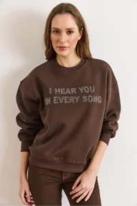 Olalook Women's Brown Sequin Detailed Tiered Thick Sweatshirt - Image 6
