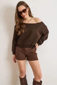 Olalook Women's Bitter Brown Sequined Boat Neck Rose Gold Sweatshirt