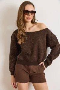 Olalook Women's Bitter Brown Sequined Boat Neck Rose Gold Sweatshirt - Image 2