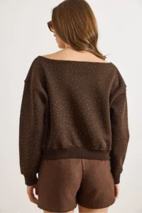 Olalook Women's Bitter Brown Sequined Boat Neck Rose Gold Sweatshirt - Image 4