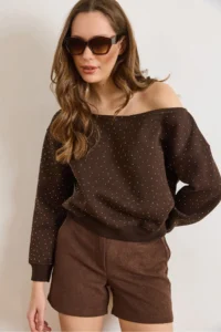 Olalook Women's Bitter Brown Sequined Boat Neck Rose Gold Sweatshirt - Image 5