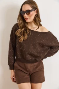 Olalook Women's Bitter Brown Sequined Boat Neck Rose Gold Sweatshirt - Image 6