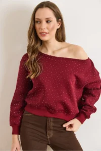 Olalook Women's Burgundy Sequined Boat Neck Raised Sweatshirt - Image 2