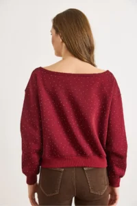 Olalook Women's Burgundy Sequined Boat Neck Raised Sweatshirt - Image 3