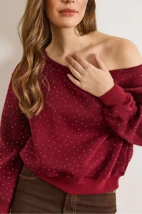Olalook Women's Burgundy Sequined Boat Neck Raised Sweatshirt - Image 4