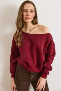 Olalook Women's Burgundy Sequined Boat Neck Raised Sweatshirt - Image 5