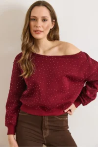 Olalook Women's Burgundy Sequined Boat Neck Raised Sweatshirt - Image 6