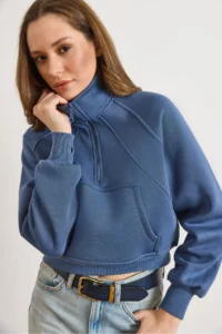 Olalook Women's Indigo Stand-Up Collar Sewing Detailed Zippered Ribbed Crop Sweatshirt
