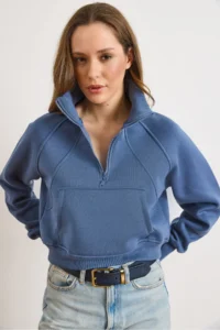 Olalook Women's Indigo Stand-Up Collar Sewing Detailed Zippered Ribbed Crop Sweatshirt - Image 2