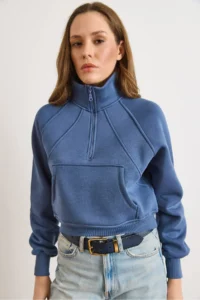 Olalook Women's Indigo Stand-Up Collar Sewing Detailed Zippered Ribbed Crop Sweatshirt - Image 3