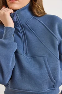 Olalook Women's Indigo Stand-Up Collar Sewing Detailed Zippered Ribbed Crop Sweatshirt - Image 4