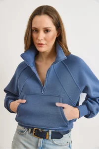 Olalook Women's Indigo Stand-Up Collar Sewing Detailed Zippered Ribbed Crop Sweatshirt - Image 5