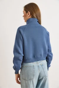 Olalook Women's Indigo Stand-Up Collar Sewing Detailed Zippered Ribbed Crop Sweatshirt - Image 6