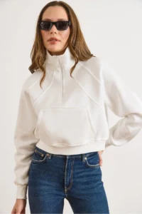 Olalook Women's White Stand-Up Collar Stitching Detailed Zippered Ruffle Crop Sweatshirt