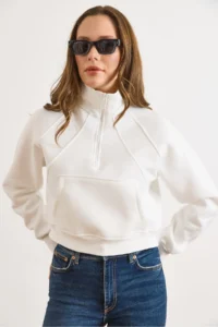 Olalook Women's White Stand-Up Collar Stitching Detailed Zippered Ruffle Crop Sweatshirt - Image 2