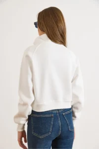 Olalook Women's White Stand-Up Collar Stitching Detailed Zippered Ruffle Crop Sweatshirt - Image 3
