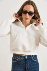 Olalook Women's White Stand-Up Collar Stitching Detailed Zippered Ruffle Crop Sweatshirt - Image 4
