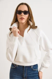 Olalook Women's White Stand-Up Collar Stitching Detailed Zippered Ruffle Crop Sweatshirt - Image 5