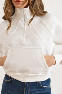 Olalook Women's White Stand-Up Collar Stitching Detailed Zippered Ruffle Crop Sweatshirt - Image 6