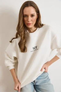 Olalook Women's White Nylon Oversize Sweatshirt