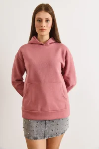 Olalook Women's Dusty Rose Hooded Kangaroo Pocket Loose Fit Rose Gold Sweatshirt - Image 2