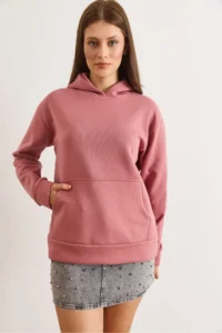 Olalook Women's Dusty Rose Hooded Kangaroo Pocket Loose Fit Rose Gold Sweatshirt - Image 3