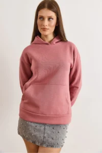 Olalook Women's Dusty Rose Hooded Kangaroo Pocket Loose Fit Rose Gold Sweatshirt - Image 6