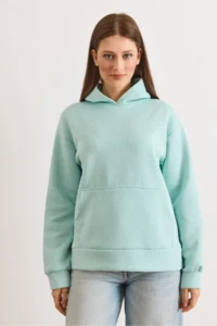 Olalook Women's Aqua Green Hooded Kangaroo Pocket Loose Fit Wrap Sweatshirt - Image 2