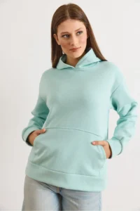 Olalook Women's Aqua Green Hooded Kangaroo Pocket Loose Fit Wrap Sweatshirt - Image 5