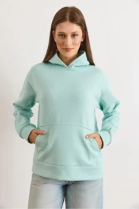 Olalook Women's Aqua Green Hooded Kangaroo Pocket Loose Fit Wrap Sweatshirt - Image 6