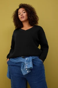 Trendyol Curve Black V-neck Basic Plus Size Sweatshirt with Fleece Inside