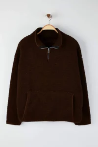 Trendyol Curve Brown Piping Detailed High Neck Plush Soft Plus Size Sweatshirt - Image 5