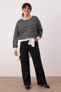 Trendyol Curve Black-WHITE Striped Regular Fit Crew Neck Plus Size Sweatshirt - Image 2