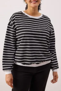 Trendyol Curve Black-WHITE Striped Regular Fit Crew Neck Plus Size Sweatshirt - Image 3