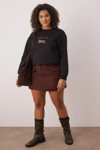 Trendyol Curve Black Dog Embroidered Crew Neck Plus Size Sweatshirt