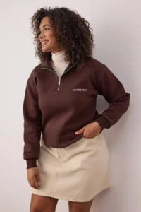 Trendyol Curve Brown Slogan Embroidered Zippered Collar Plus Size Sweatshirt - Image 2