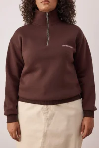 Trendyol Curve Brown Slogan Embroidered Zippered Collar Plus Size Sweatshirt - Image 3