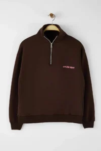 Trendyol Curve Brown Slogan Embroidered Zippered Collar Plus Size Sweatshirt - Image 5