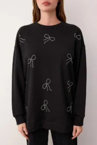 Trendyol Modest Black Stone Fiyonk Detailed 3 Yarn Ekstra Wide Oversized Knitting Sweatshirt - Image 3