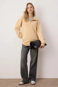 Trendyol Modest Beige  More Sustaible Oversized interlock Plain Knitting Sweatshirt